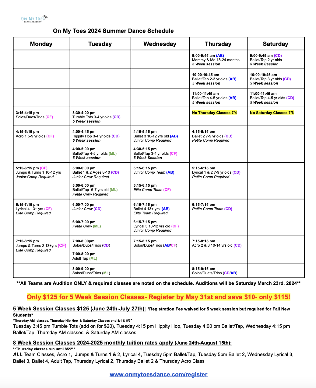 Summer Schedule - On My Toes Dance Academy